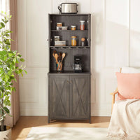 Charcoal Gray Coffee Bar Cabinet with Microwave Stand and Metal Frame Hollow Out Barn Design