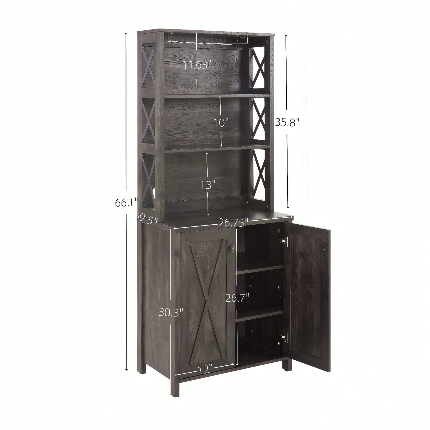 Charcoal Gray Coffee Bar Cabinet with Microwave Stand and Metal Frame Hollow Out Barn Design