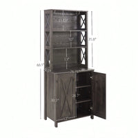 Charcoal Gray Coffee Bar Cabinet with Microwave Stand and Metal Frame Hollow Out Barn Design