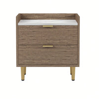 Wooden Nightstand With 2 Drawers And Marbling Worktop