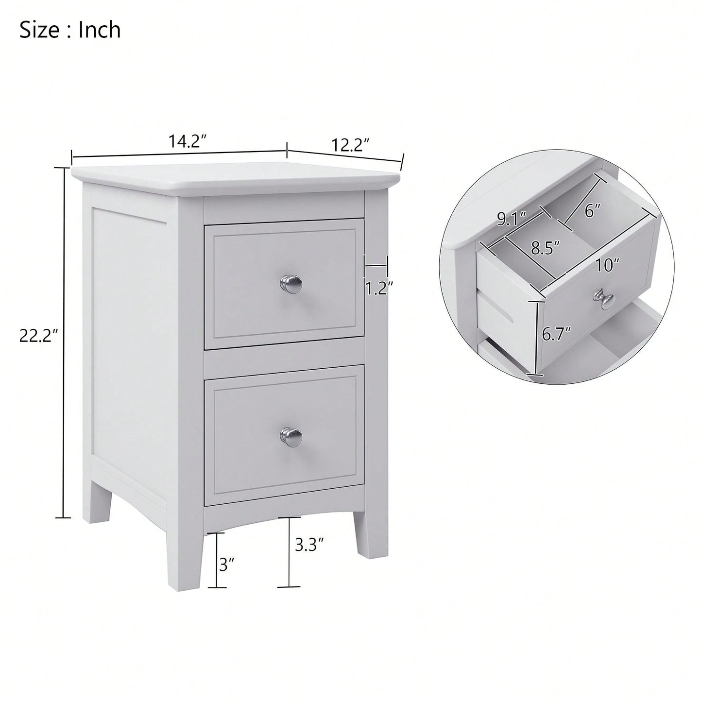 2-Drawer Solid Wood Nightstand End Table In White