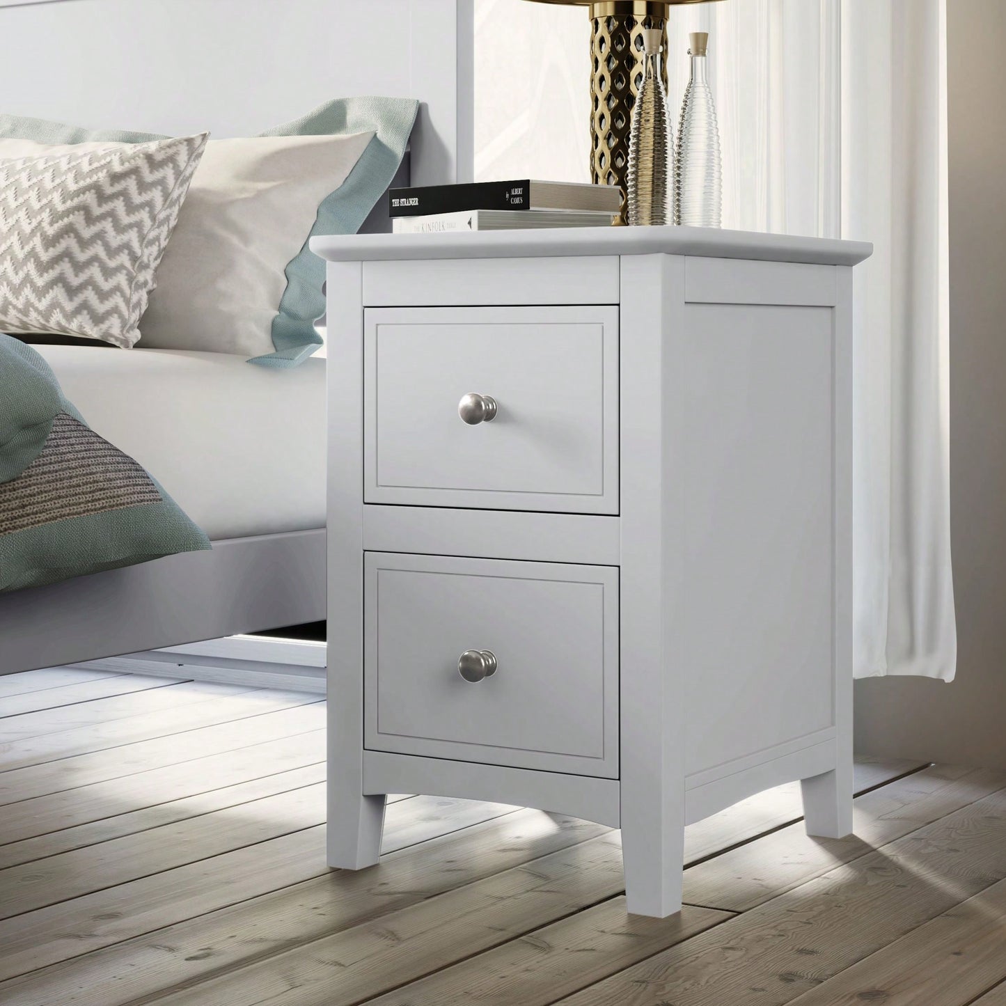 2-Drawer Solid Wood Nightstand End Table In White