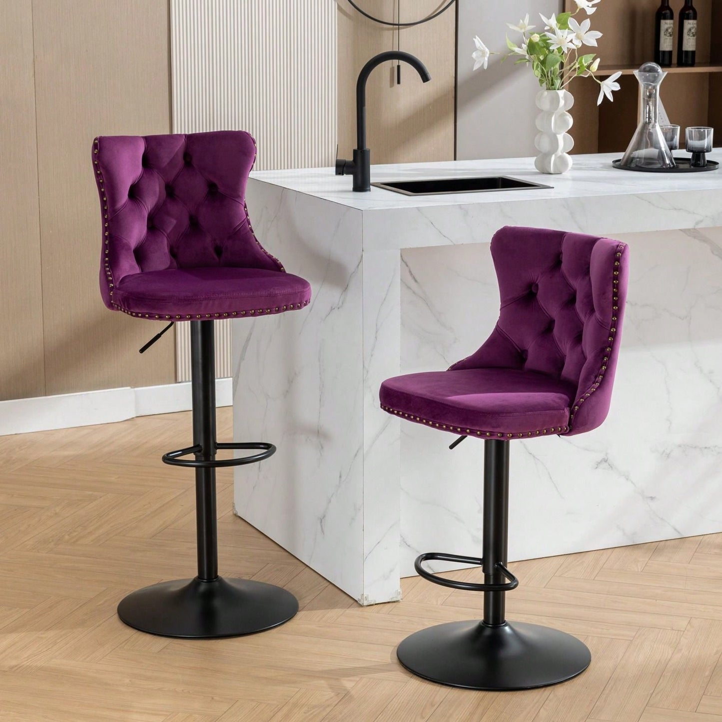 Modern Upholstered Bar Stools With Backs Comfortable Tufted For Home Pub And Kitchen Island, Set Of 2