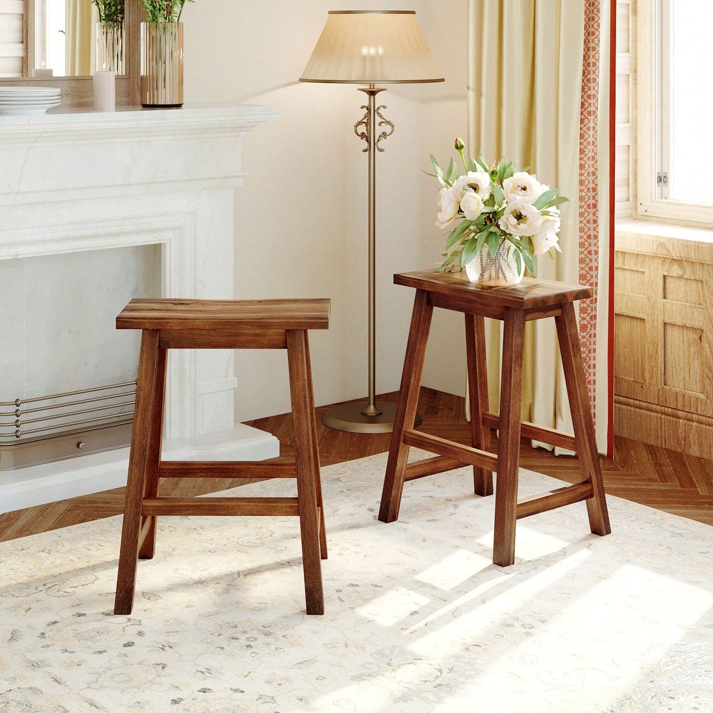 Set Of 2, Counter Height Wood Kitchen Dining Stools For Small Places