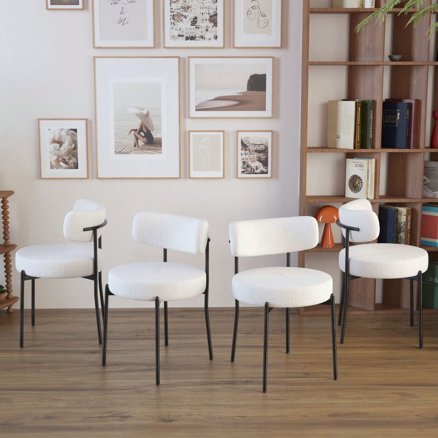 Mid-Century Modern Dining Chairs Set of 2 Upholstered Boucle with Curved Backrest and Black Metal Legs