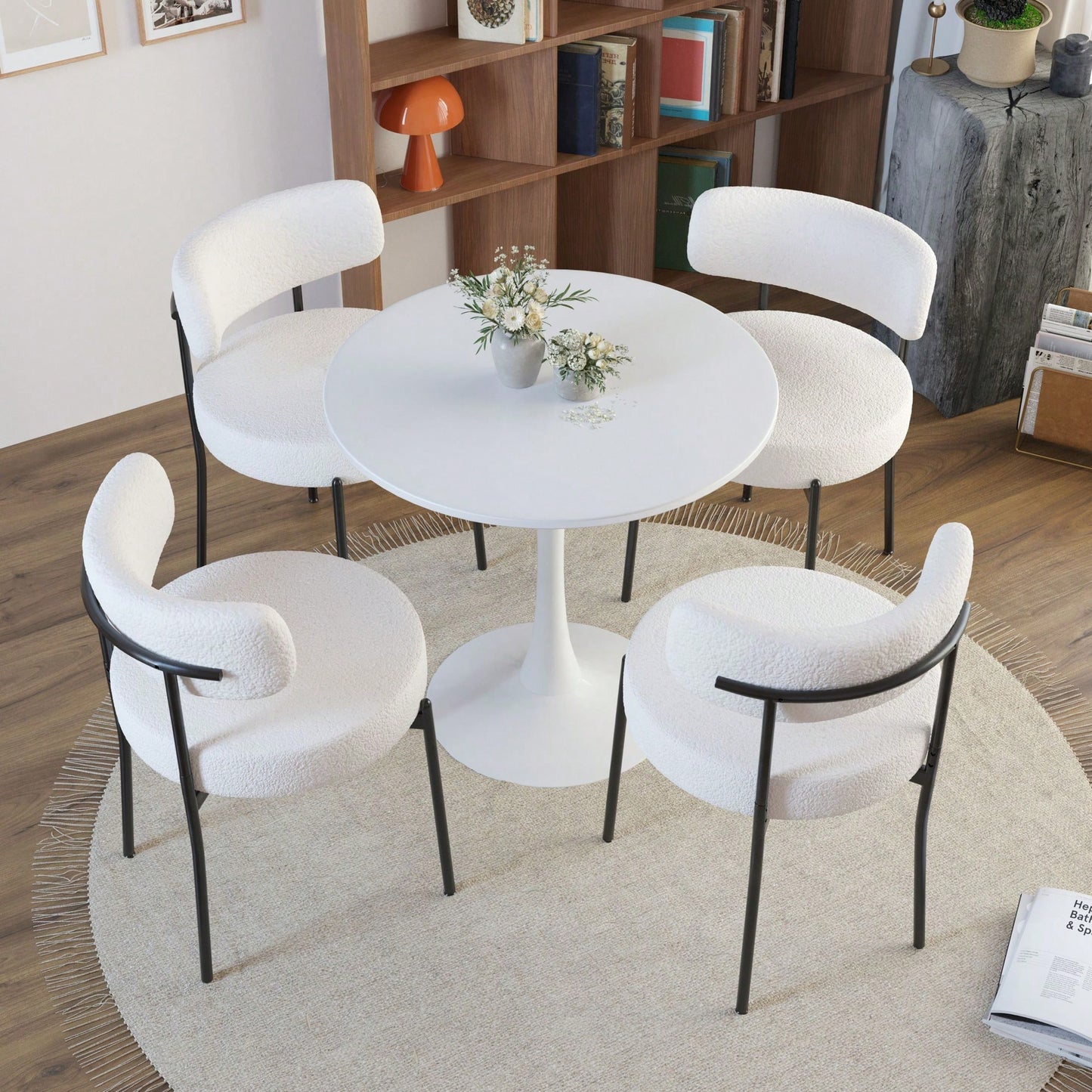 Mid-Century Modern Dining Chairs Set of 2 Upholstered Boucle with Curved Backrest and Black Metal Legs