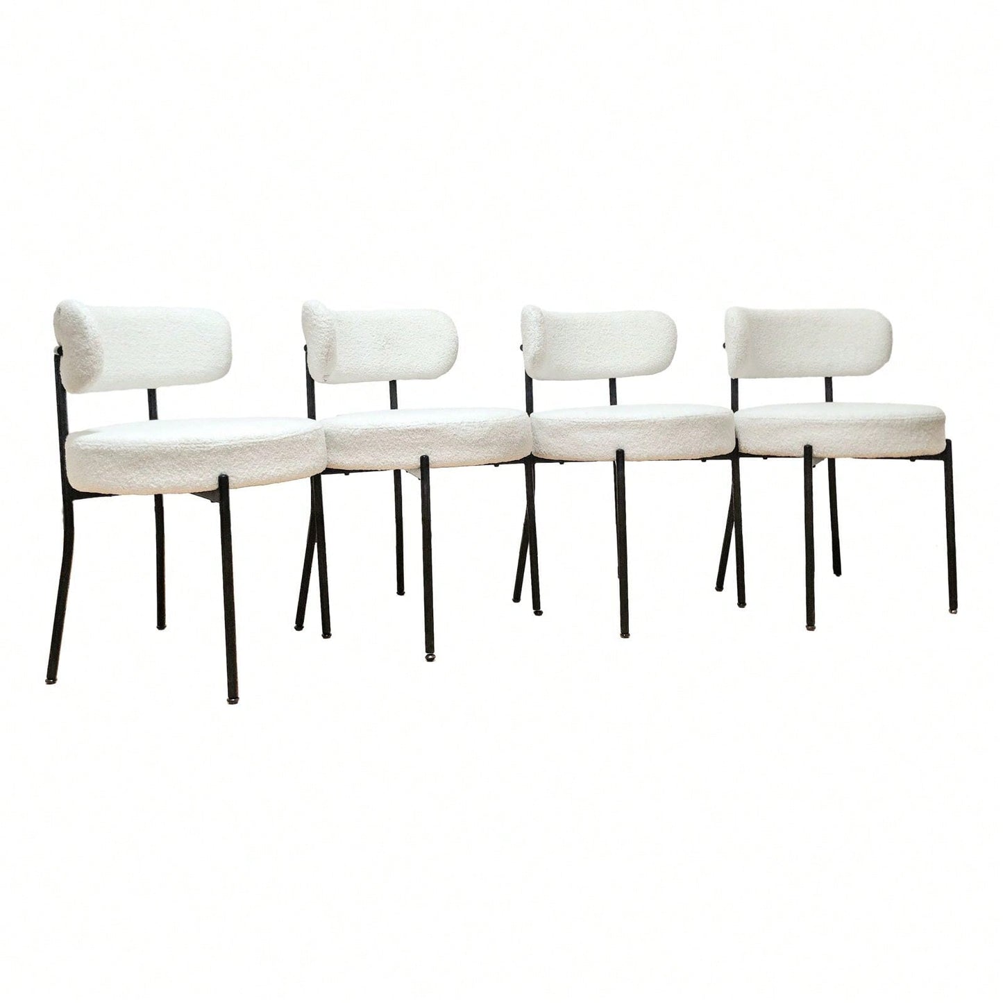 Mid-Century Modern Dining Chairs Set of 2 Upholstered Boucle with Curved Backrest and Black Metal Legs