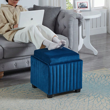 Contemporary 18 Inch Velvet Cube Storage Ottoman Bench with Coffee Tray for Living Room and Bedroom Use