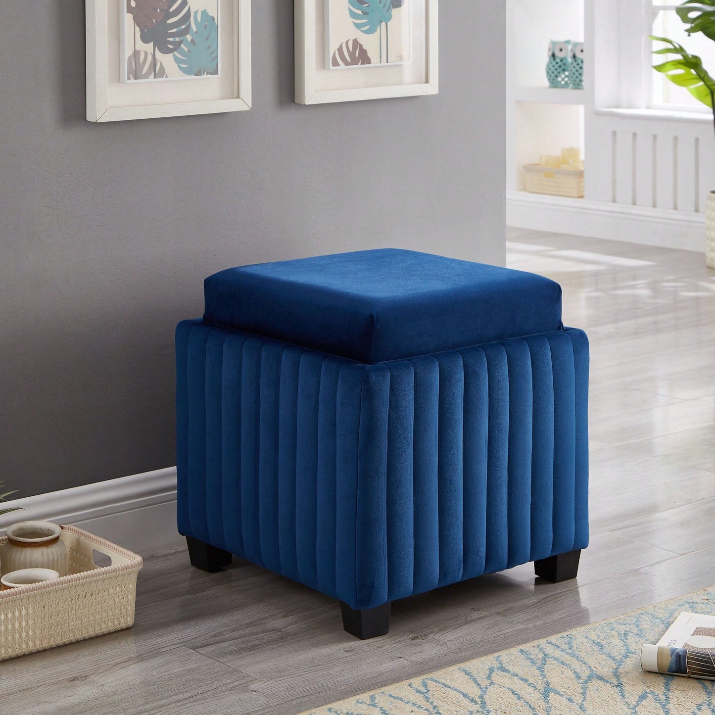 Contemporary 18 Inch Velvet Cube Storage Ottoman Bench with Coffee Tray for Living Room and Bedroom Use