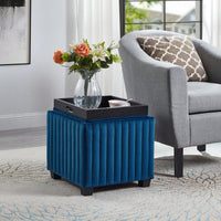 Contemporary 18 Inch Velvet Cube Storage Ottoman Bench with Coffee Tray for Living Room and Bedroom Use