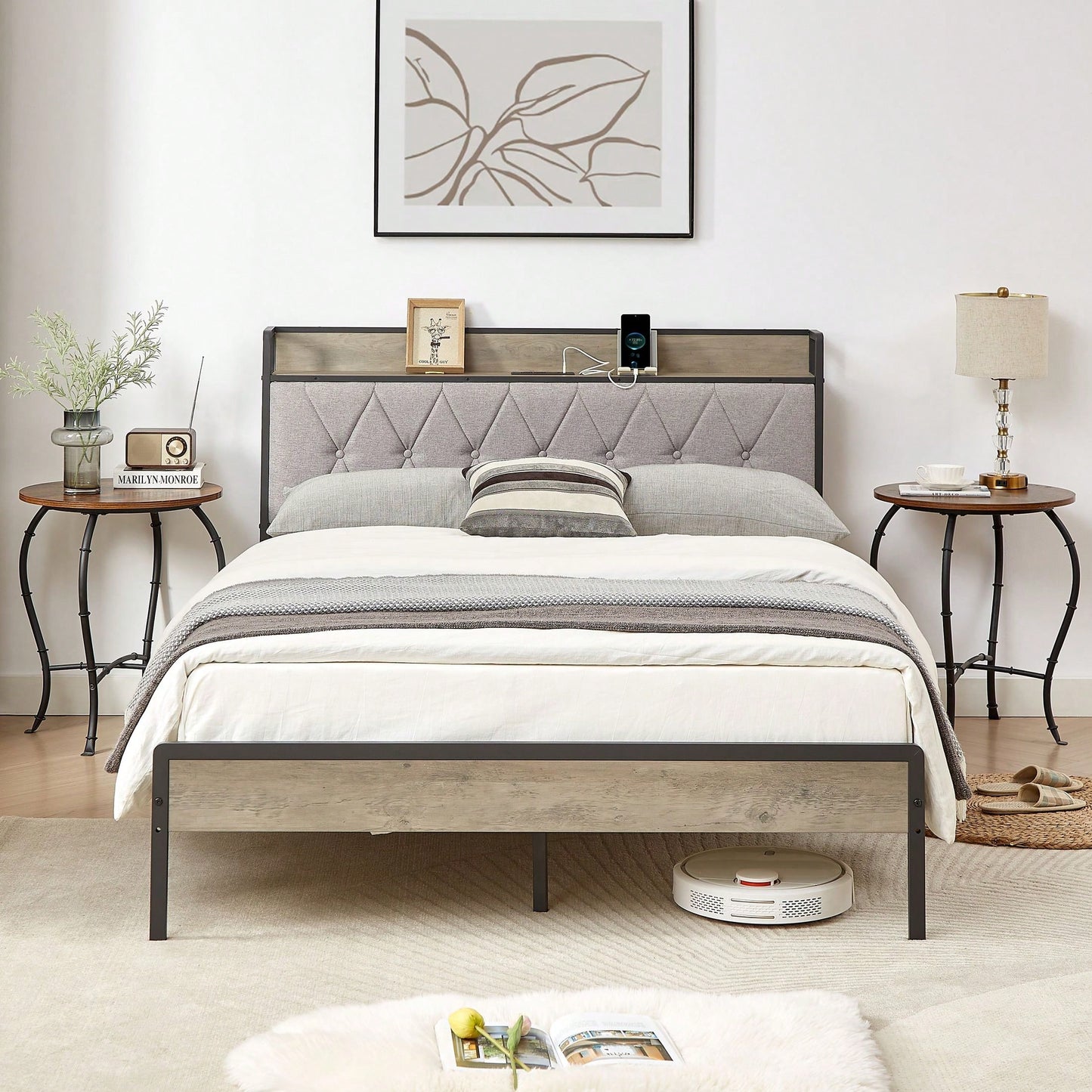 Full Size Grey Bed Frame With Charging Station And Storage Headboard, 83.1'' L X 56.1'' W X 39.2'' H