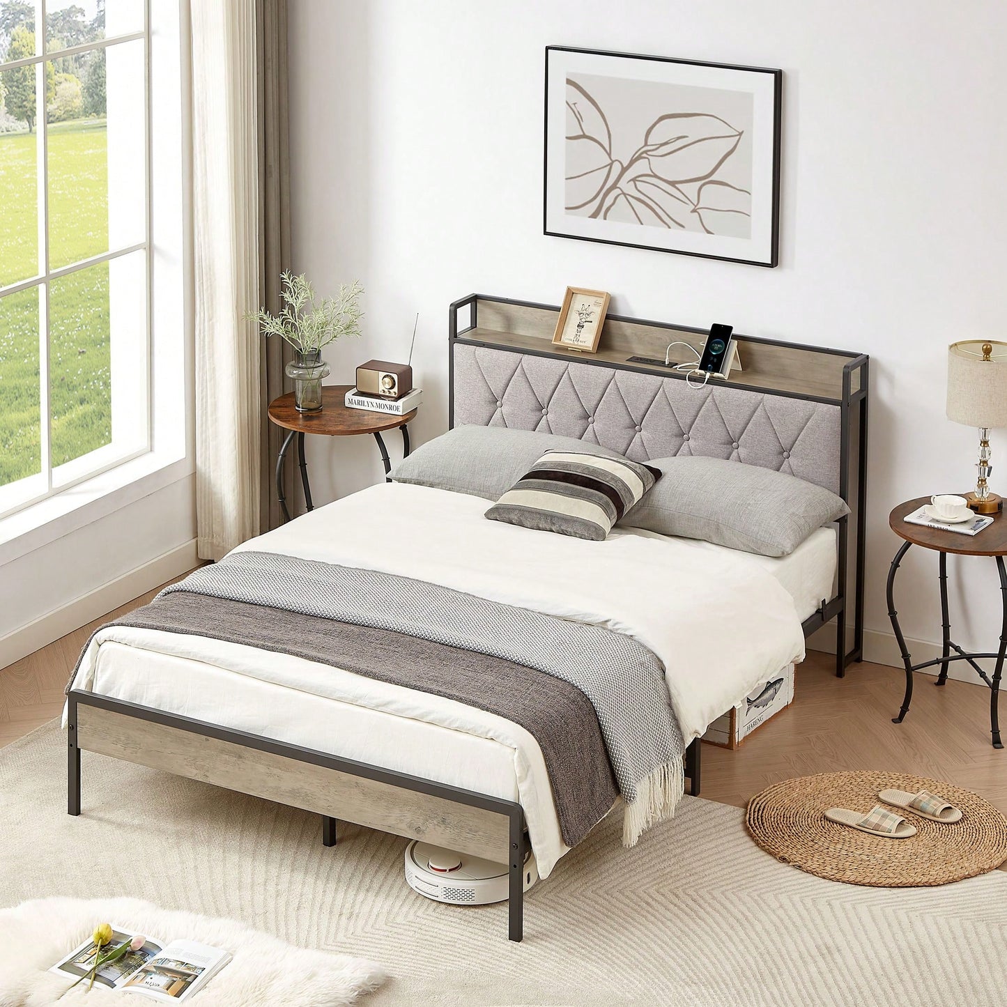 Full Size Grey Bed Frame With Charging Station And Storage Headboard, 83.1'' L X 56.1'' W X 39.2'' H