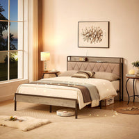 Full Size Grey Bed Frame With Charging Station And Storage Headboard, 83.1'' L X 56.1'' W X 39.2'' H