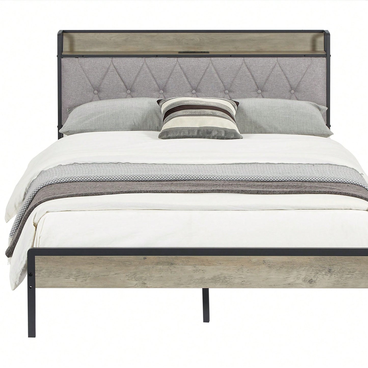 Full Size Grey Bed Frame With Charging Station And Storage Headboard, 83.1'' L X 56.1'' W X 39.2'' H