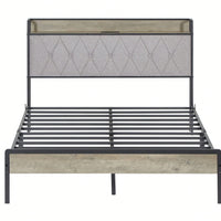 Full Size Grey Bed Frame With Charging Station And Storage Headboard, 83.1'' L X 56.1'' W X 39.2'' H