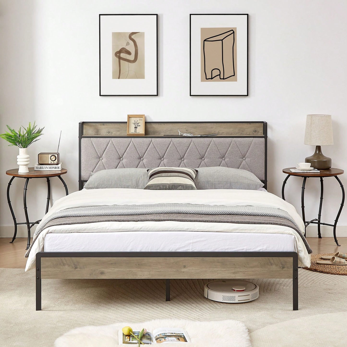 Queen Size Grey Bed Frame With Charging Station, Storage Headboard, And Sturdy Construction