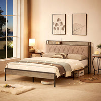 Queen Size Grey Bed Frame With Charging Station, Storage Headboard, And Sturdy Construction