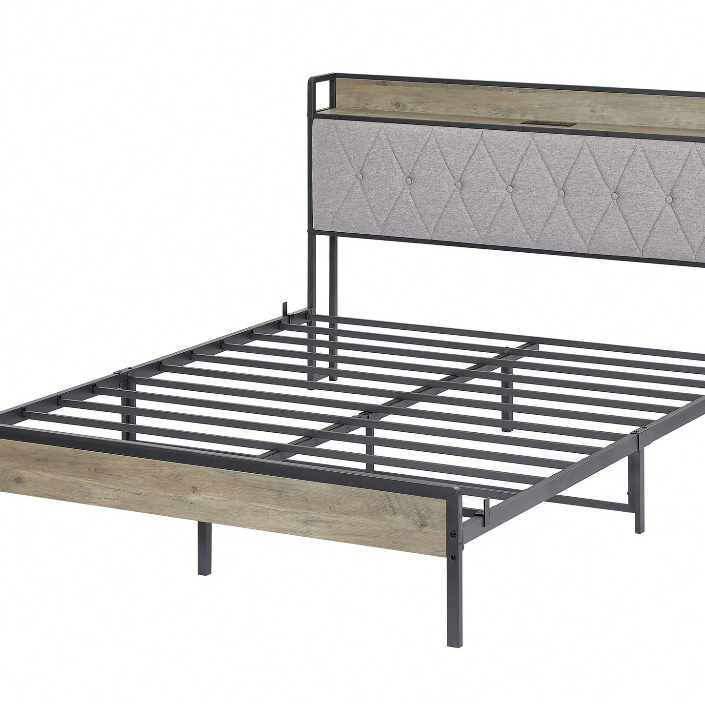 Queen Size Grey Bed Frame With Charging Station, Storage Headboard, And Sturdy Construction