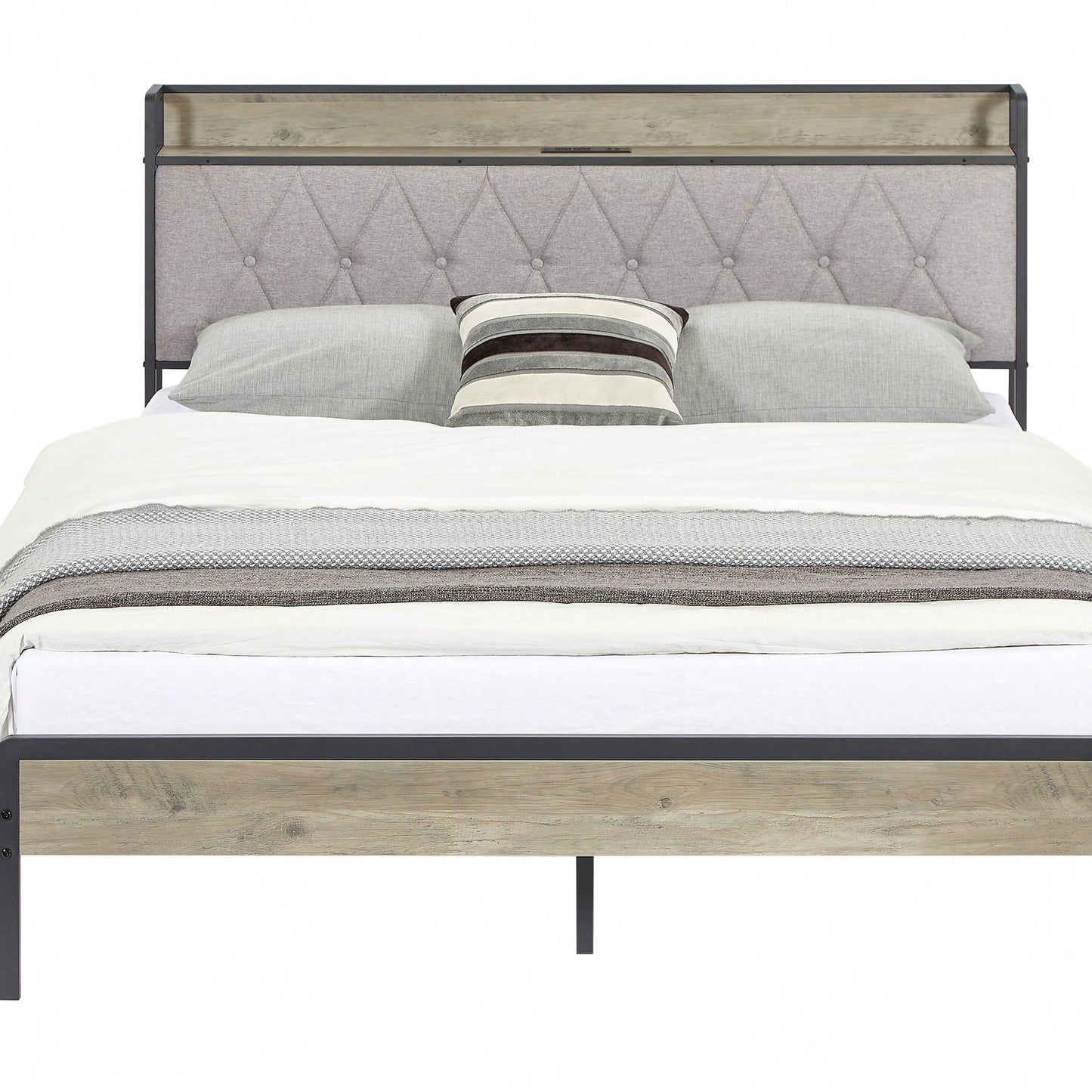 Queen Size Grey Bed Frame With Charging Station, Storage Headboard, And Sturdy Construction