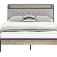 Queen Size Grey Bed Frame With Charging Station, Storage Headboard, And Sturdy Construction