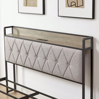 Queen Size Grey Bed Frame With Charging Station, Storage Headboard, And Sturdy Construction