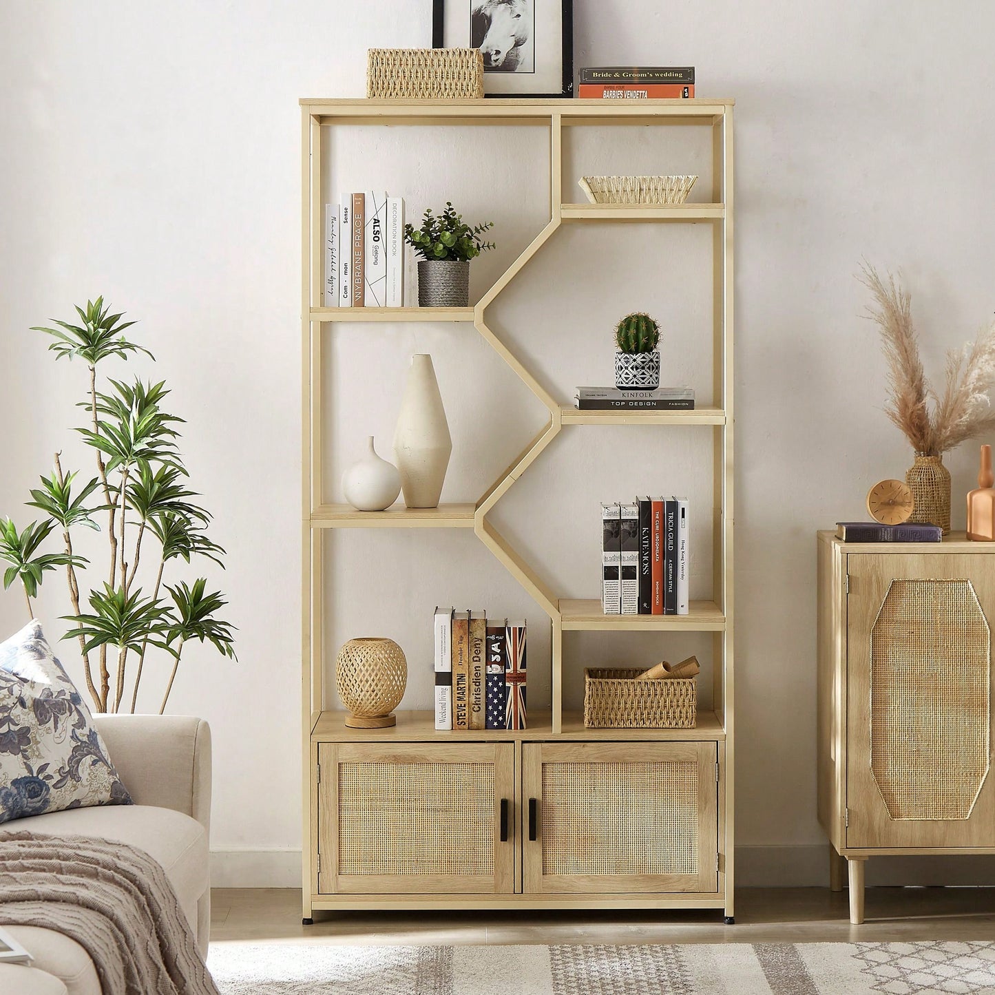 Rattan Bookshelf 7 Tiers Bookcases Storage Rack With Cabinet For Living Room Home Office, Natural