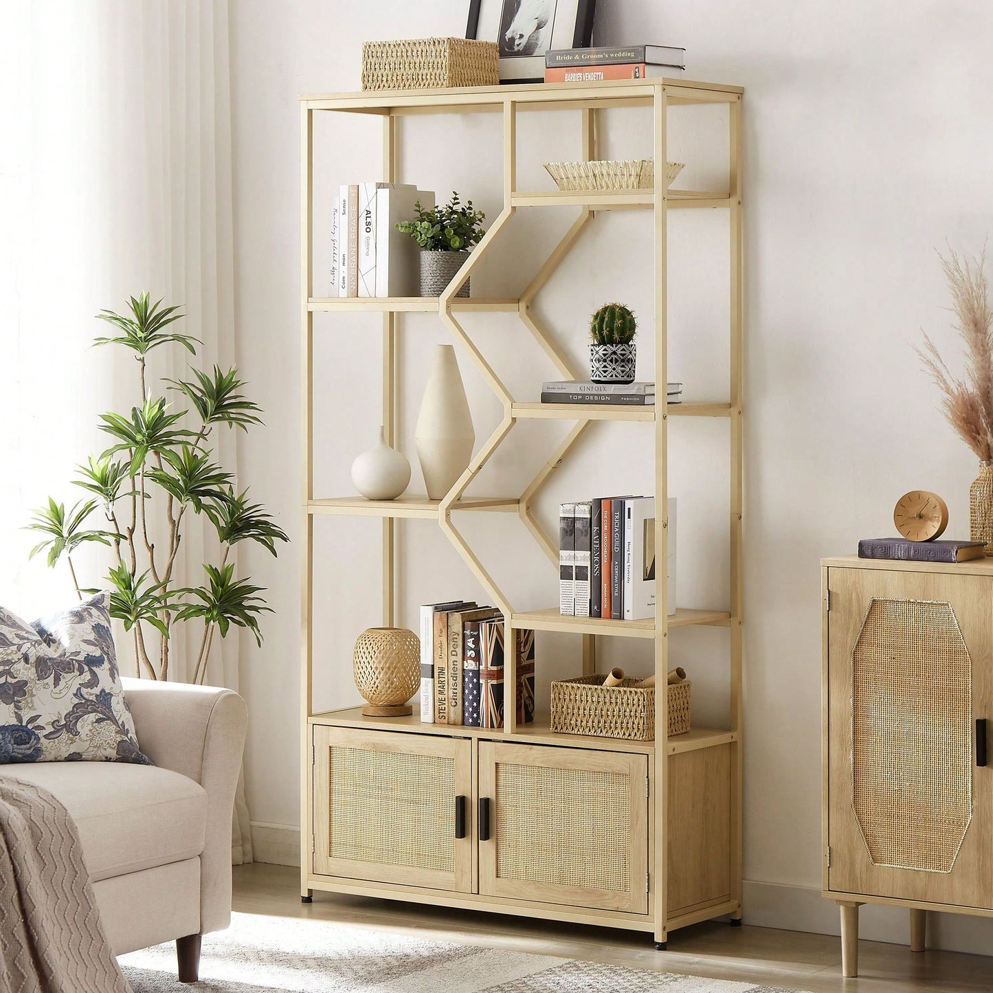 Rattan Bookshelf 7 Tiers Bookcases Storage Rack With Cabinet For Living Room Home Office, Natural