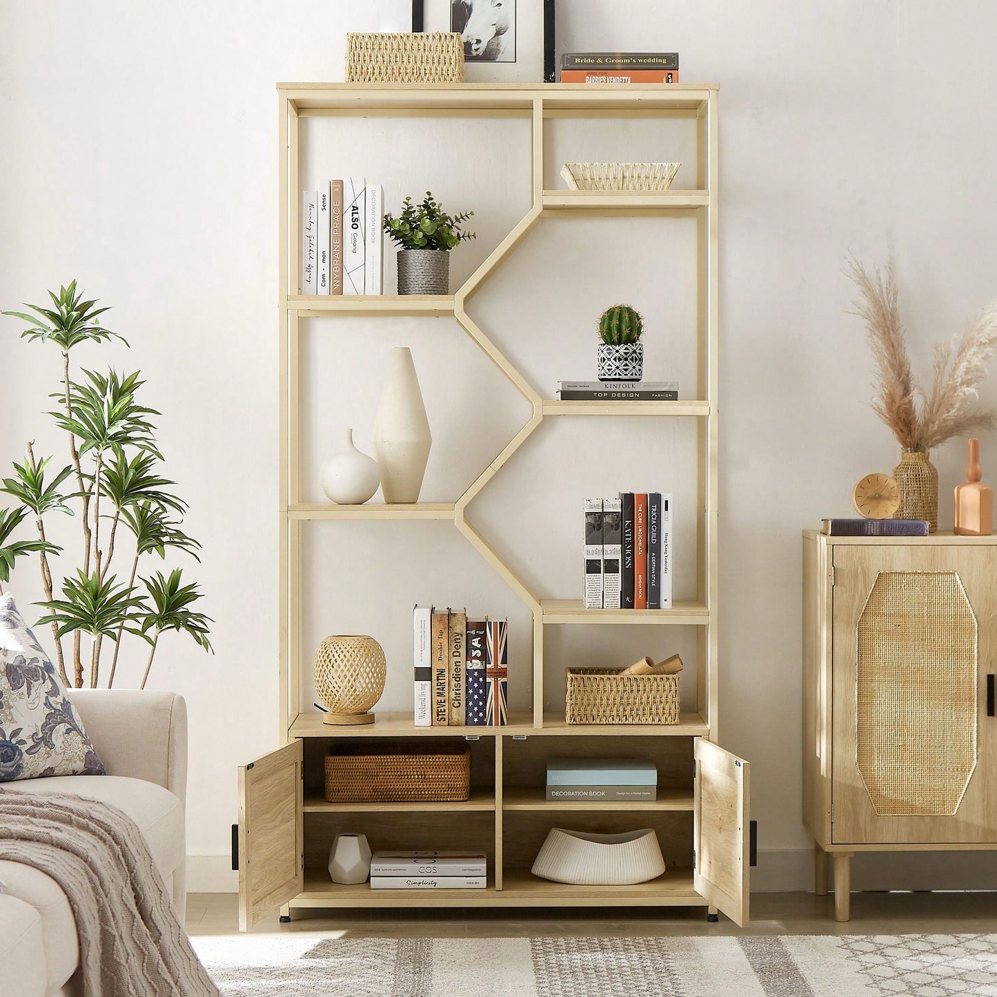 Rattan Bookshelf 7 Tiers Bookcases Storage Rack With Cabinet For Living Room Home Office, Natural