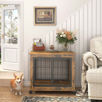 Furniture Style Dog Crate Side Table On Wheels With Double Doors And Lift Top