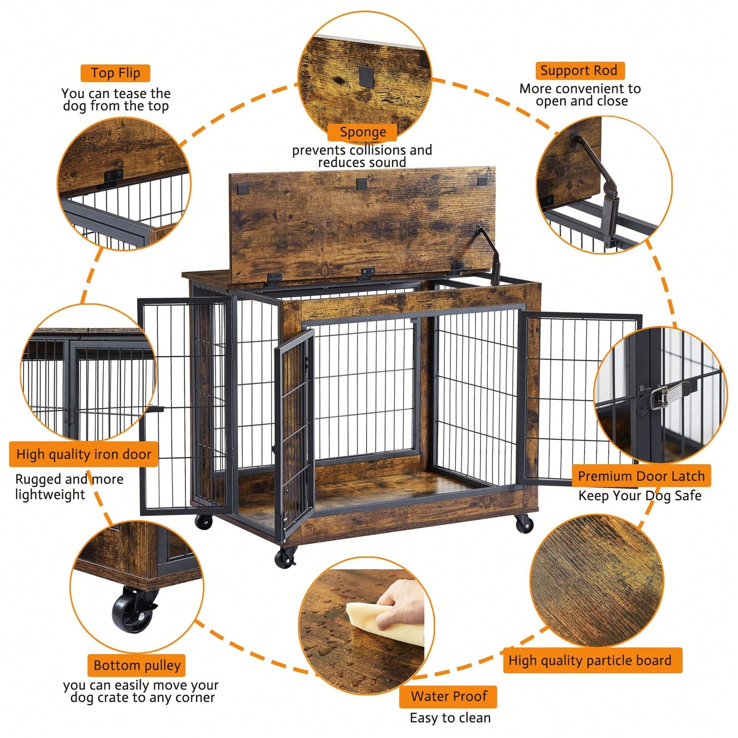 Furniture Style Dog Crate Side Table On Wheels With Double Doors And Lift Top