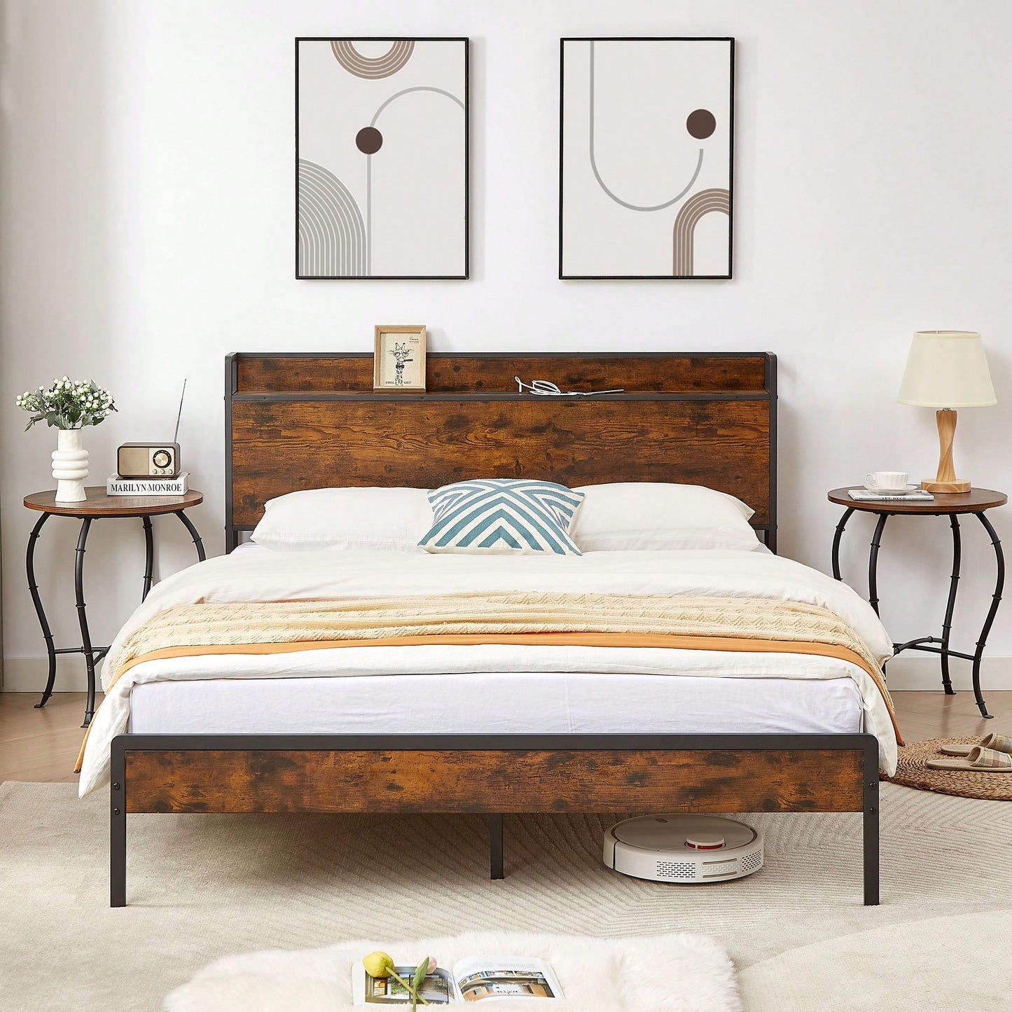 Space-Saving  Queen Size Bed Frame With Charging Station And 1000 Lbs Load-Bearing Capacity