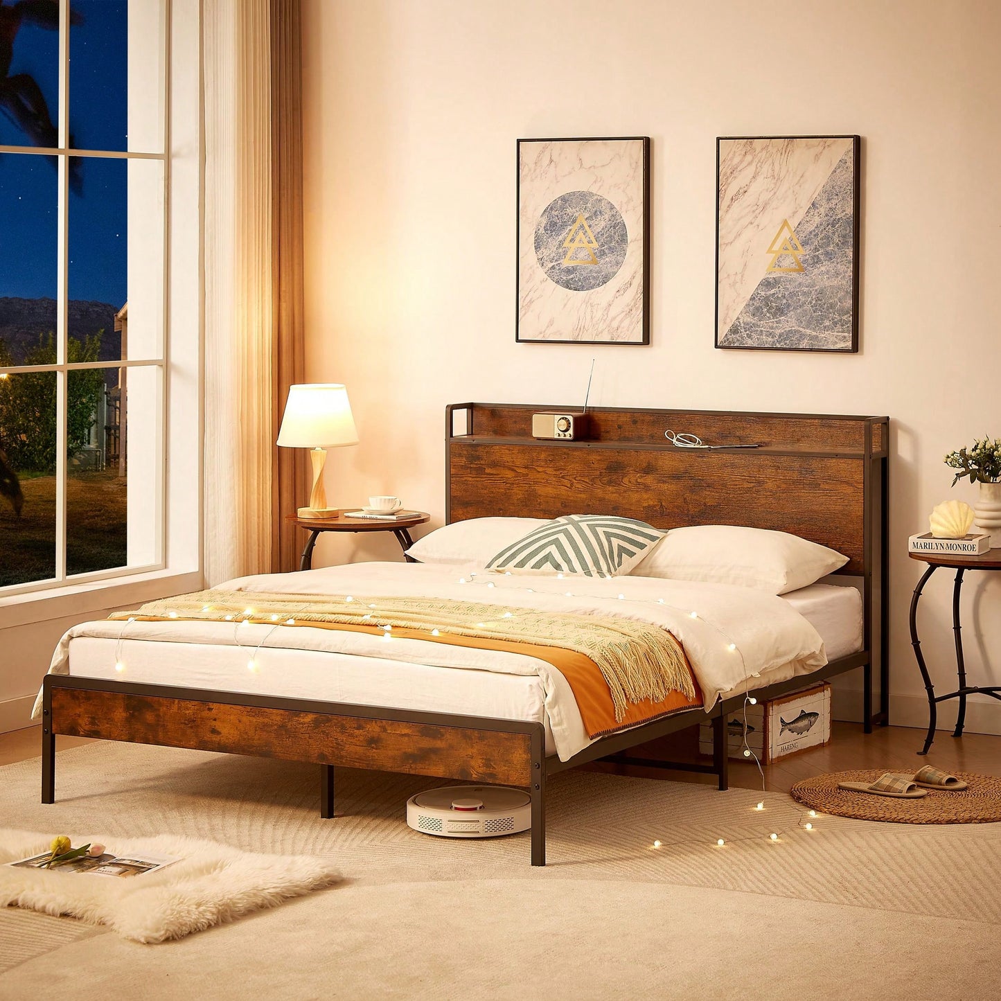 Space-Saving  Queen Size Bed Frame With Charging Station And 1000 Lbs Load-Bearing Capacity