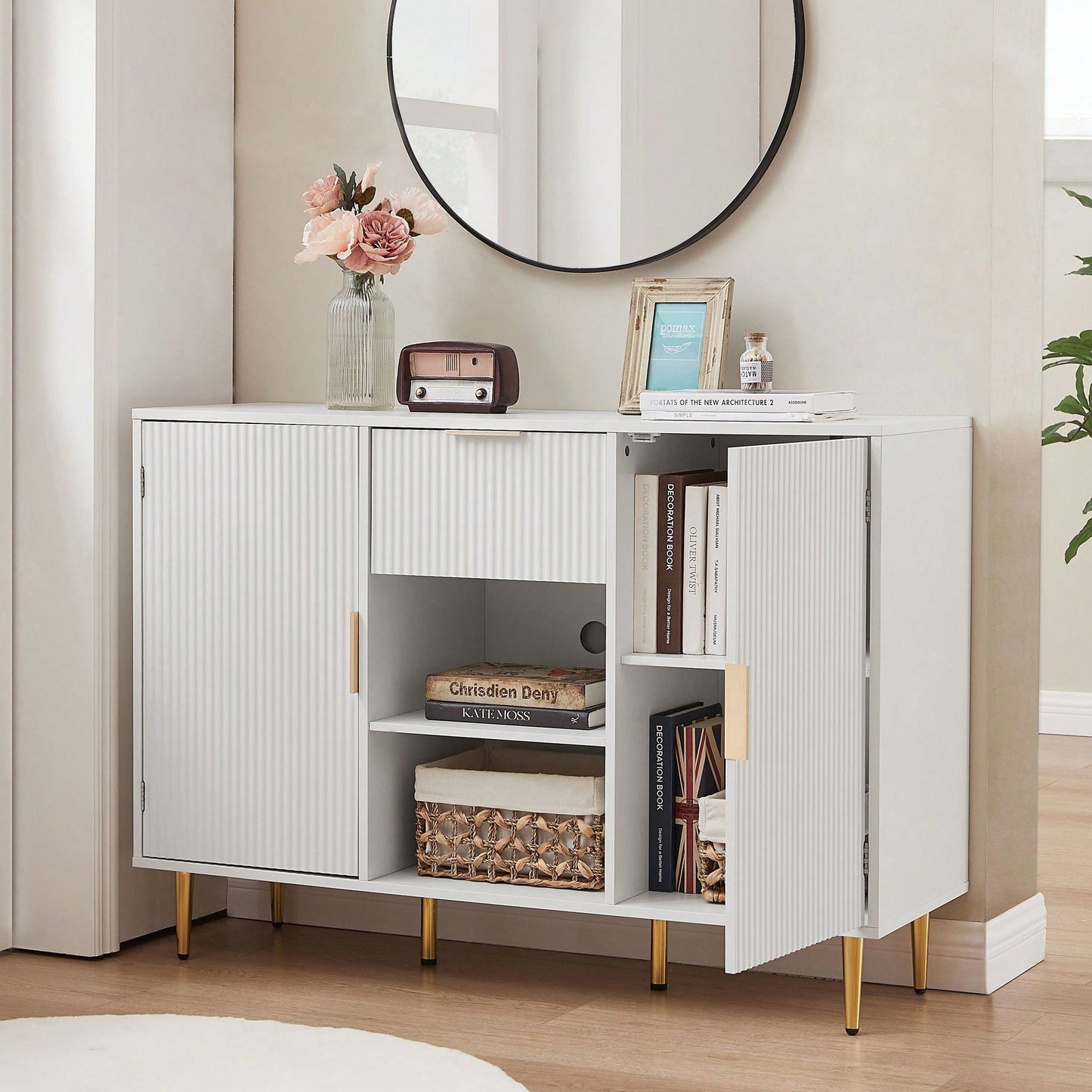 Wave Pattern 2 Door Storage Cabinet With Drawers Buffets & Sideboards For Living Room, Dining Room, Bedroom , Hall, White.