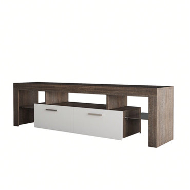 Modern TV Stand With LED Lights And Toughened Glass Shelf Brown + White, Floor Cabinet, Fits Up To 65-Inch TV