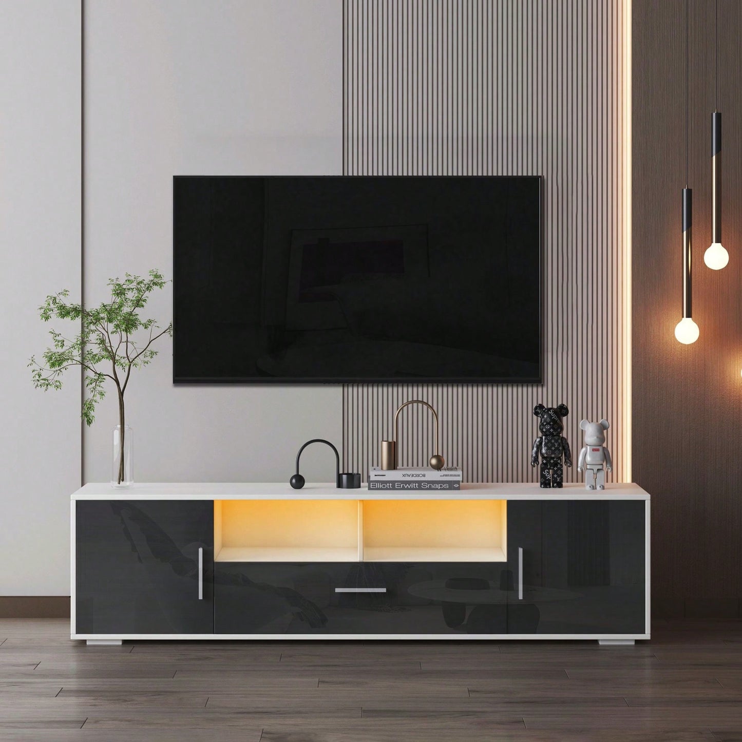 Modern LED TV Stand with Remote Control Light Belt and Storage Cabinets for Living Room and Bedroom