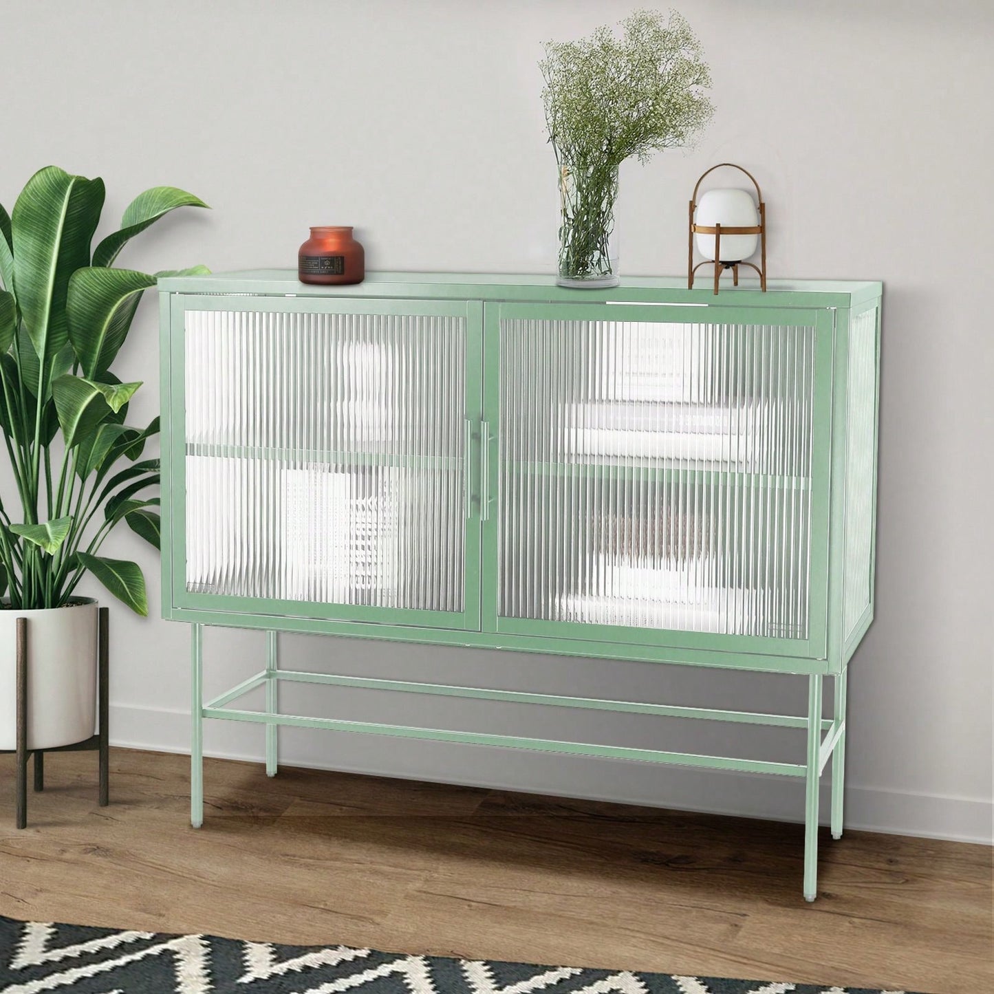 Storage Cabinet, Console Table, 2 Fluted Glass Doors, Adjustable Shelf And Feet, Anti-Tip Dust-Free Kitchen Credenza Cabinet