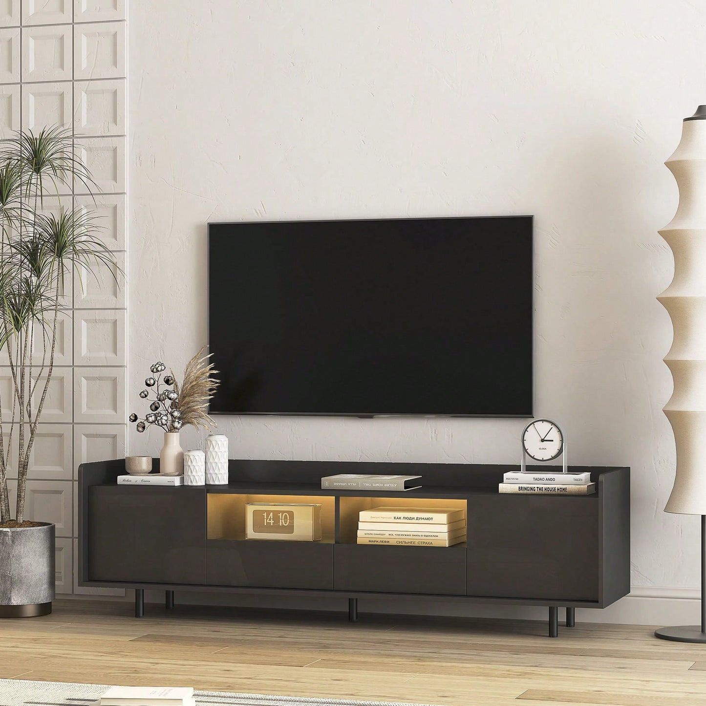 Modern Black TV Stand, 16 Colors LED TV Stand W/Remote Control Lights