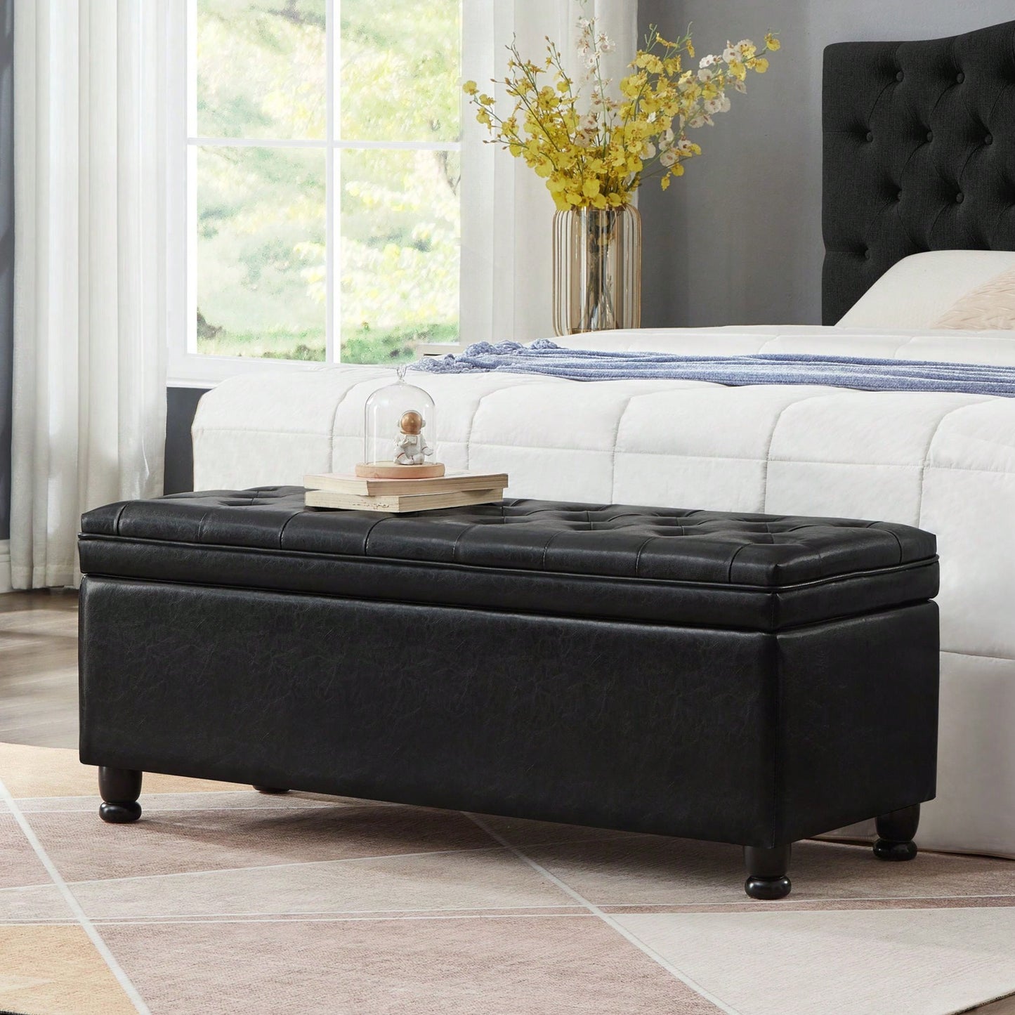 Upholstered Tufted Button Storage Bench ,Faux Leather Entry Bench With Spindle Wooden Legs, Bed Bench