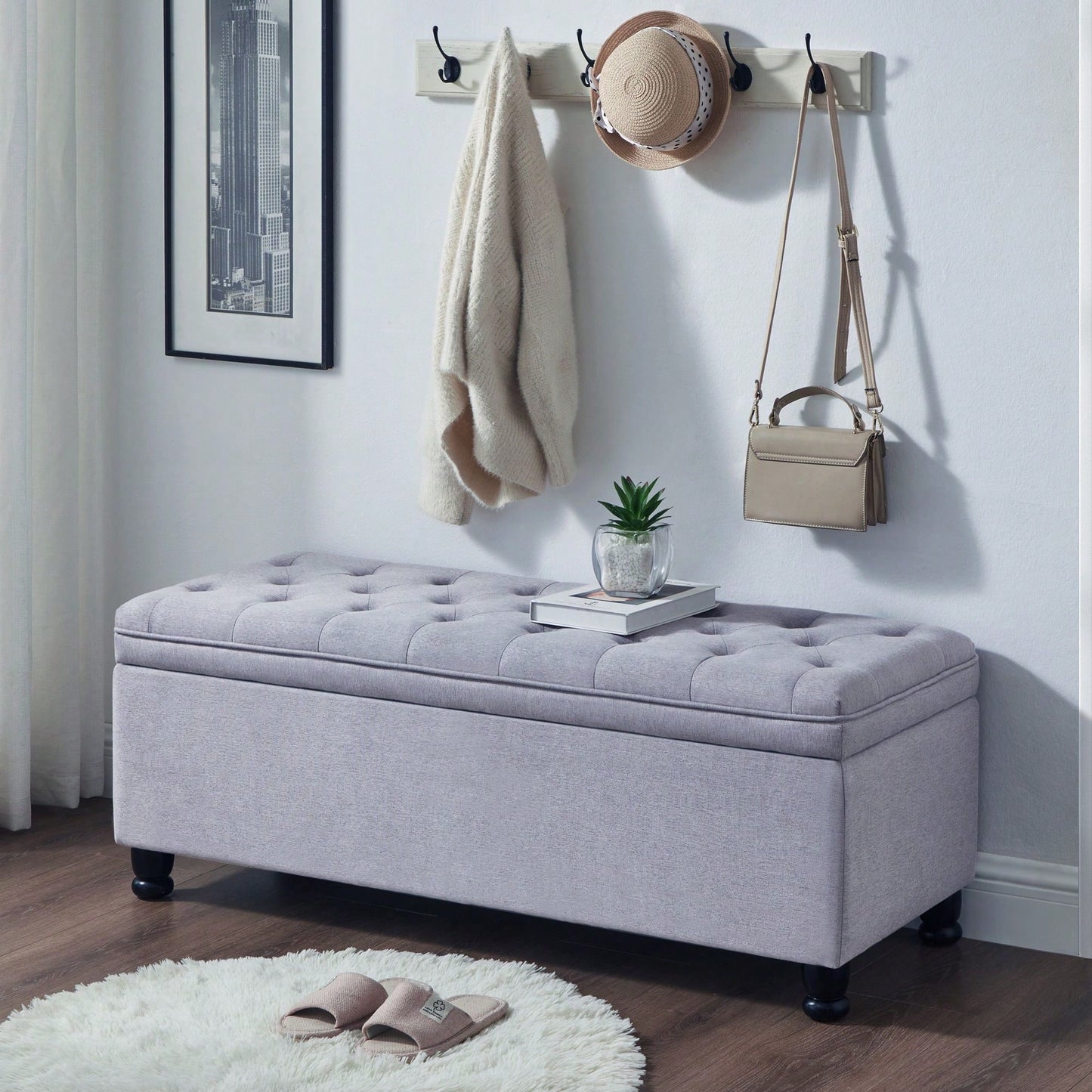 Upholstered Tufted Button Storage Bench ,Faux Leather Entry Bench With Spindle Wooden Legs, Bed Bench