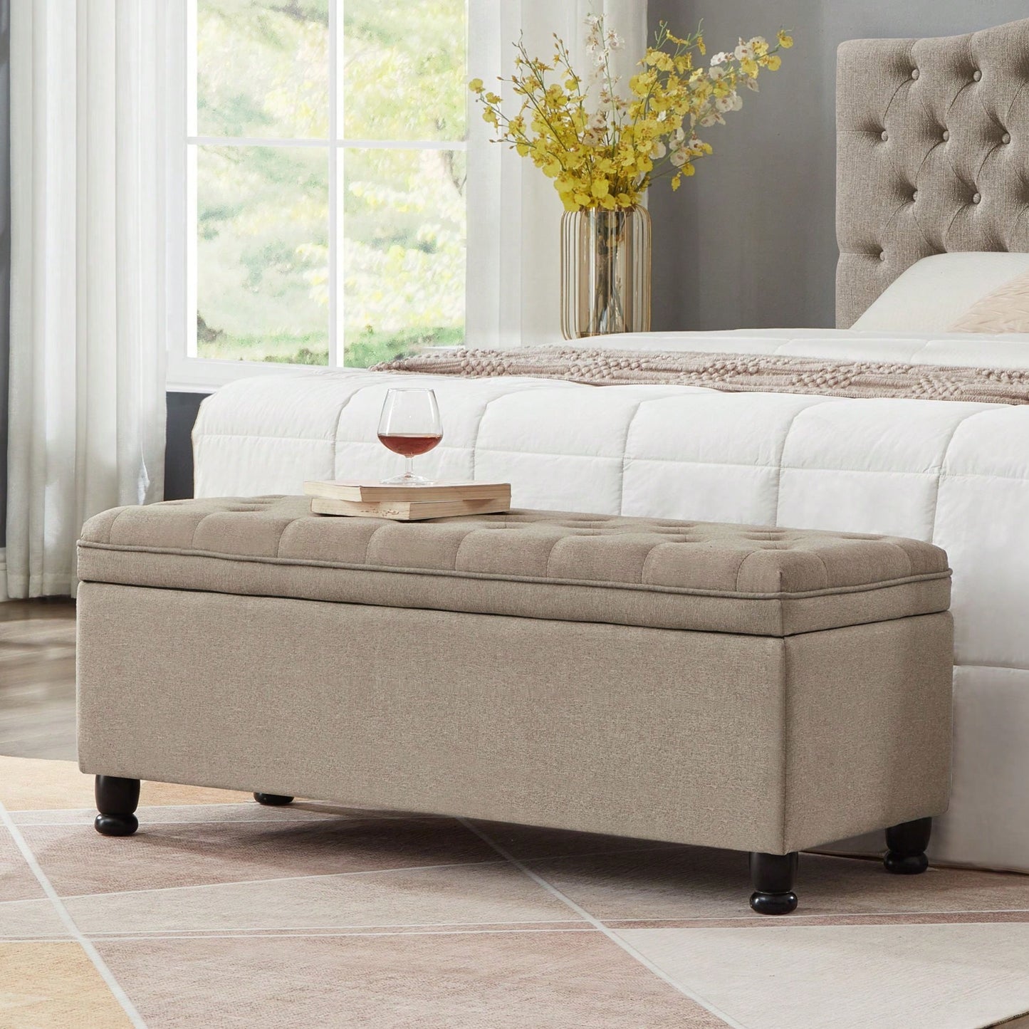 Upholstered Tufted Button Storage Bench ,Faux Leather Entry Bench With Spindle Wooden Legs, Bed Bench