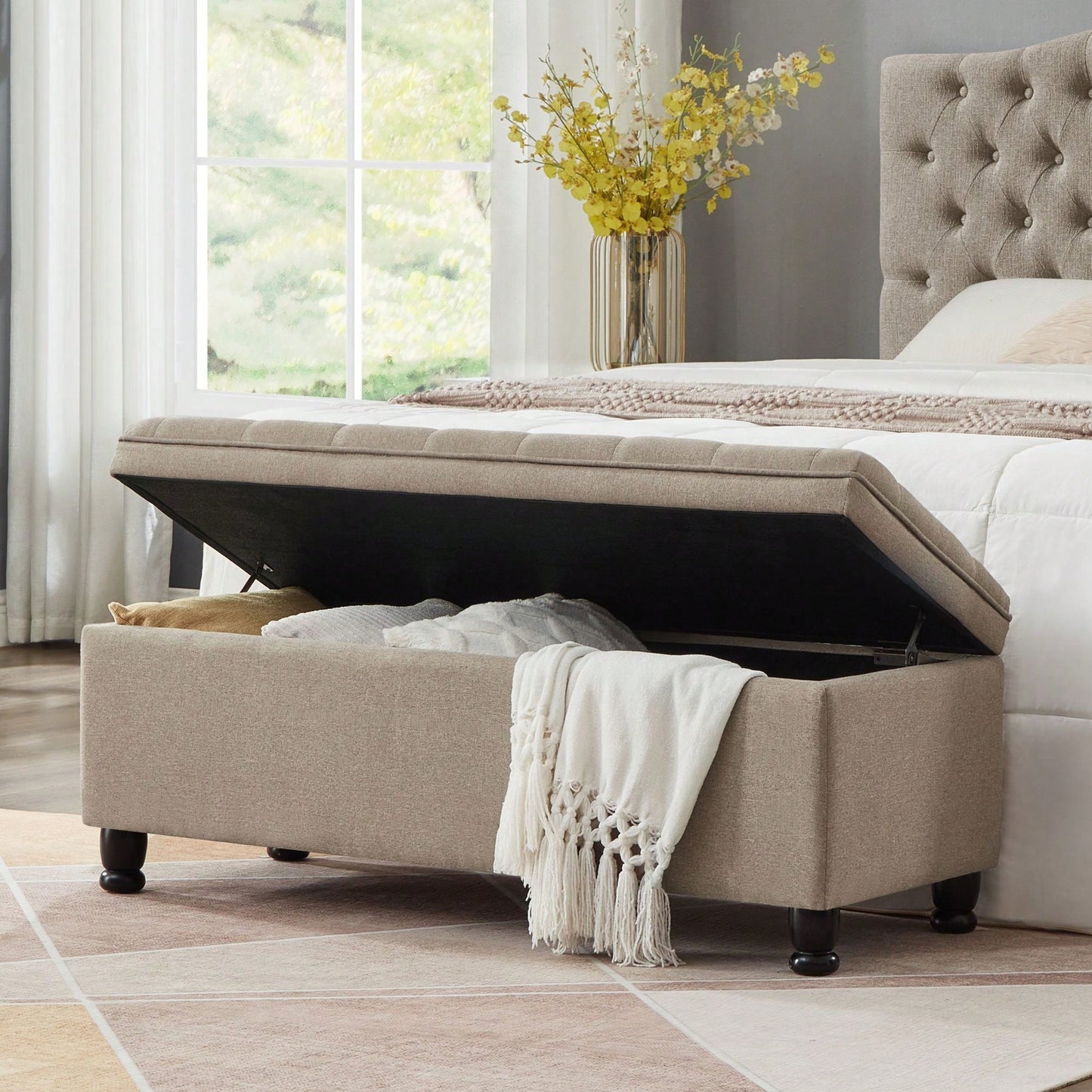 Upholstered Tufted Button Storage Bench ,Faux Leather Entry Bench With Spindle Wooden Legs, Bed Bench