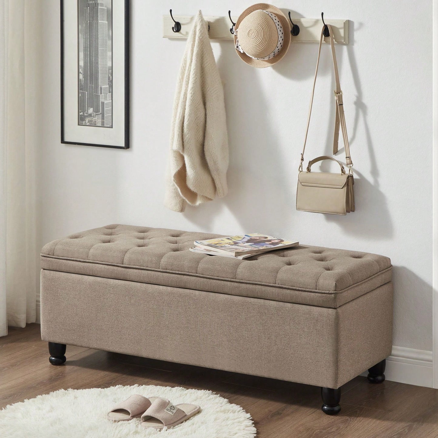 Upholstered Tufted Button Storage Bench ,Faux Leather Entry Bench With Spindle Wooden Legs, Bed Bench