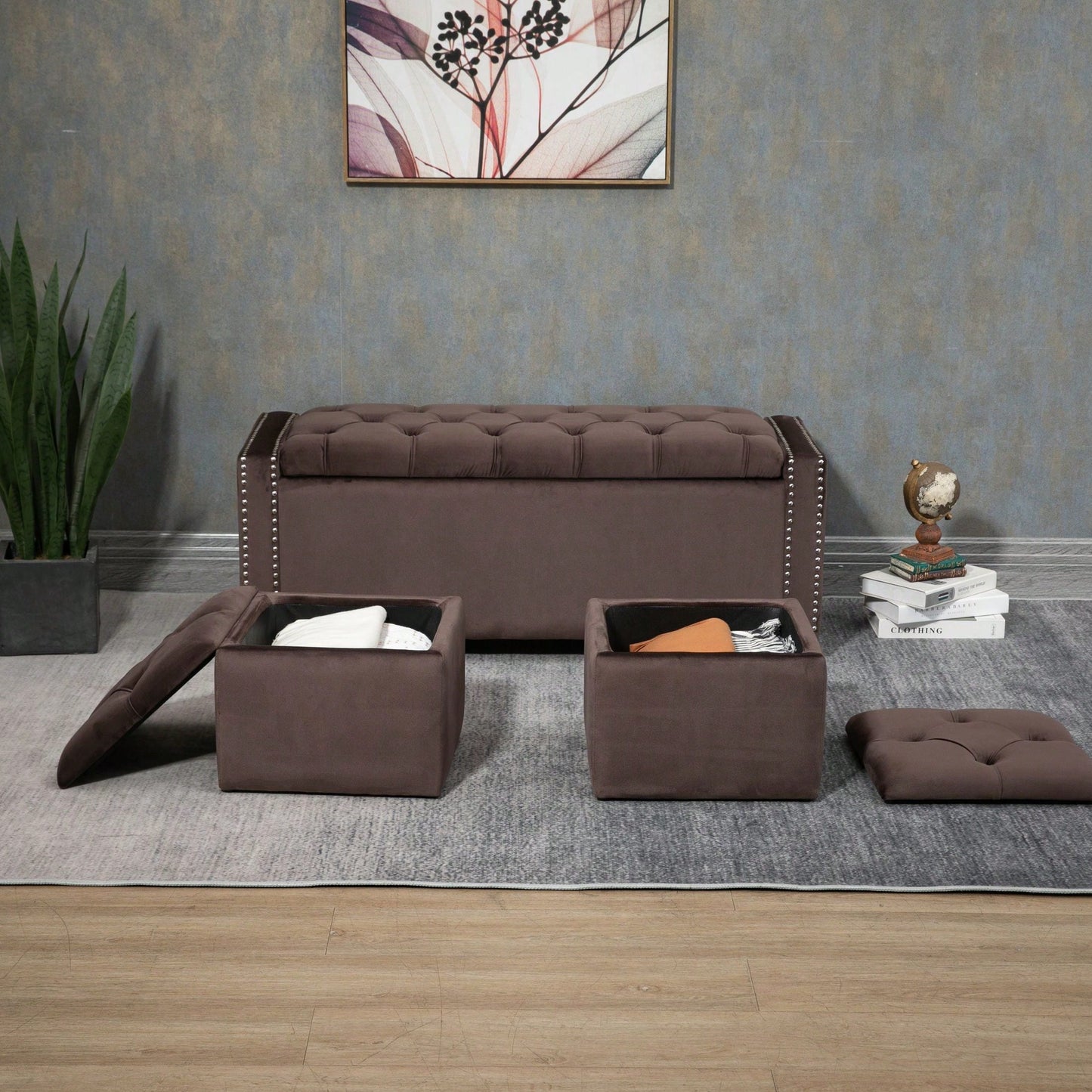 3 Sets, Button-Tufted Upholstered Storage Ottoman With Large Storage Space And Solid Wood Legs