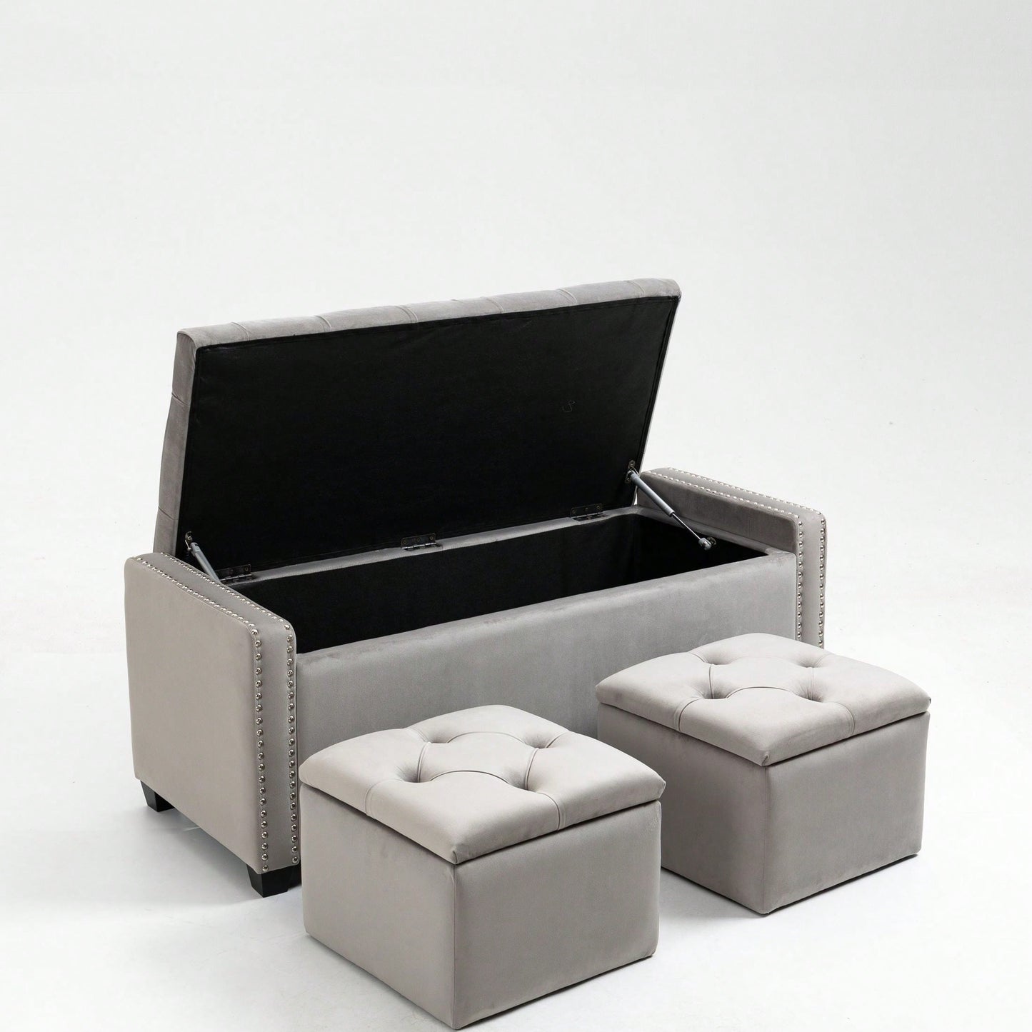 3 Sets, Button-Tufted Upholstered Storage Ottoman With Large Storage Space And Solid Wood Legs