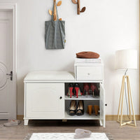 Shoe Storage Bench Cabinet With Fireproof PU Cushion, Double Doors, And Movable Drawer White