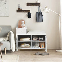 Shoe Storage Bench Cabinet With Fireproof PU Cushion, Double Doors, And Movable Drawer White