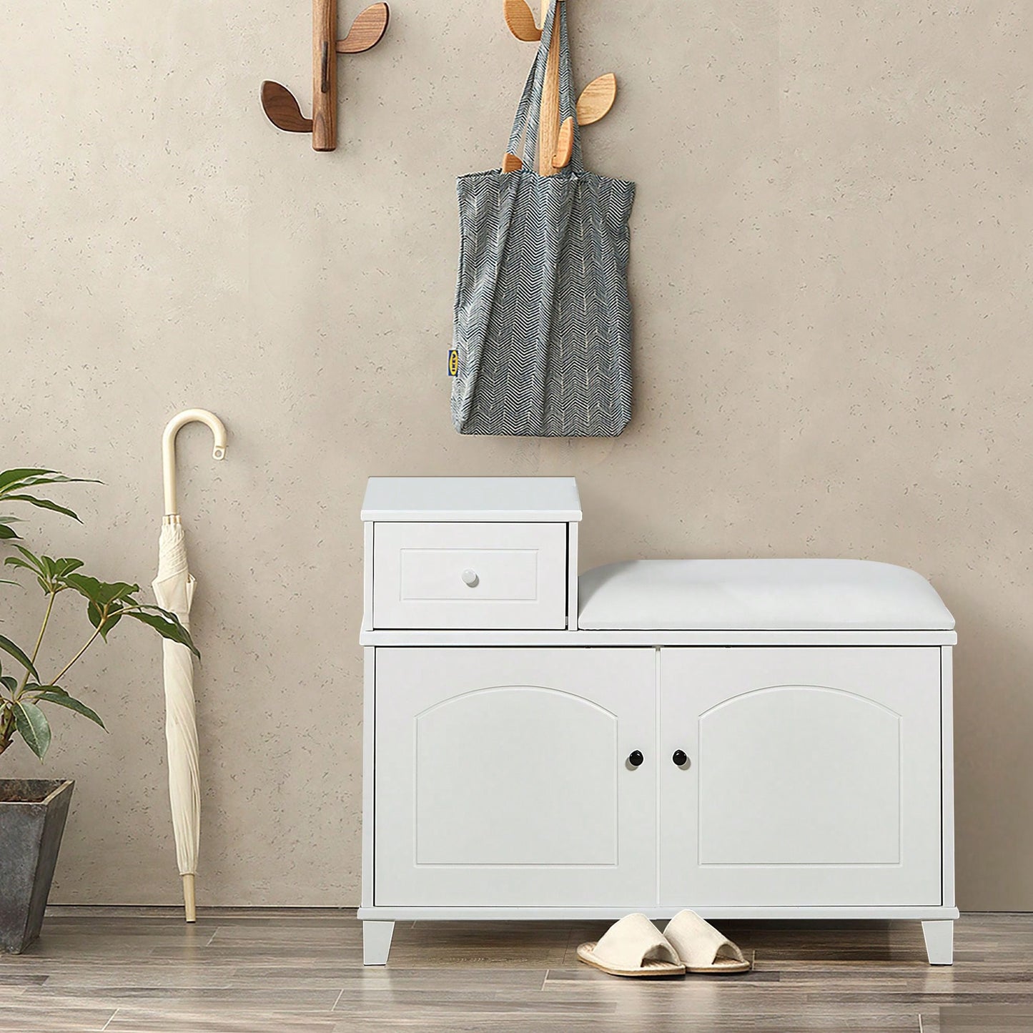 Shoe Storage Bench Cabinet With Fireproof PU Cushion, Double Doors, And Movable Drawer White