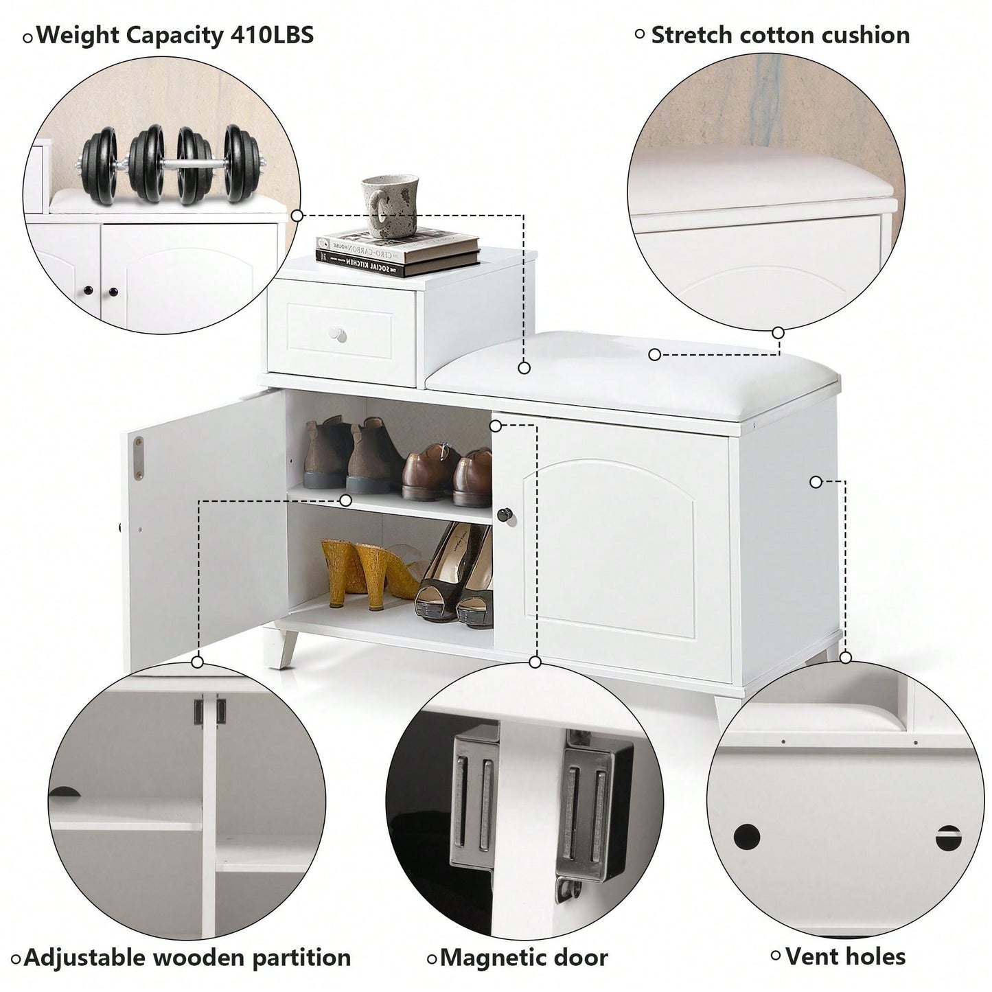 Shoe Storage Bench Cabinet With Fireproof PU Cushion, Double Doors, And Movable Drawer White