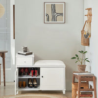 Shoe Storage Bench Cabinet With Fireproof PU Cushion, Double Doors, And Movable Drawer White