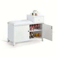 Shoe Storage Bench Cabinet With Fireproof PU Cushion, Double Doors, And Movable Drawer White